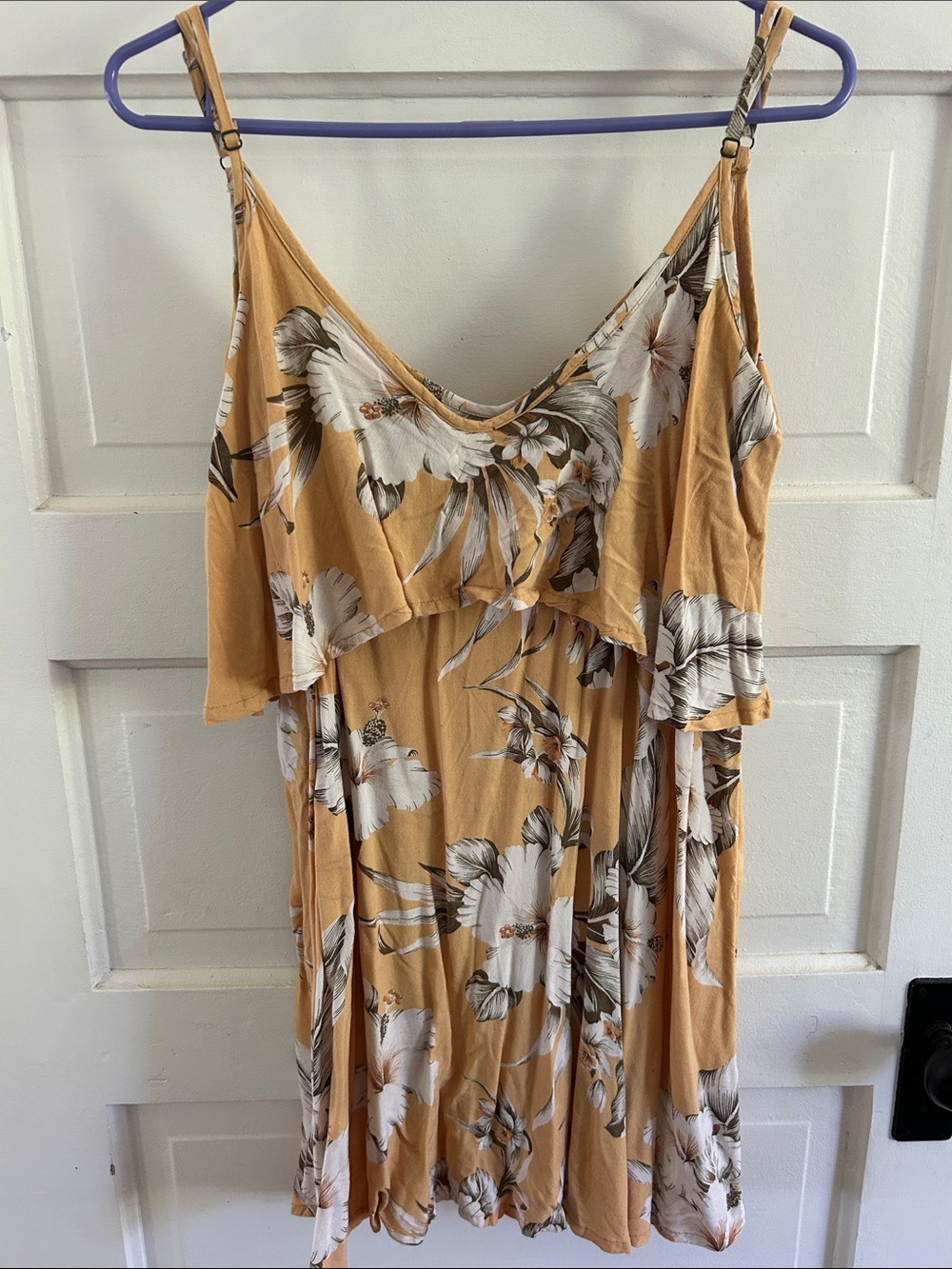 Rip Curl Mustard Floral Ruffle Spaghetti Strap Mini Dress